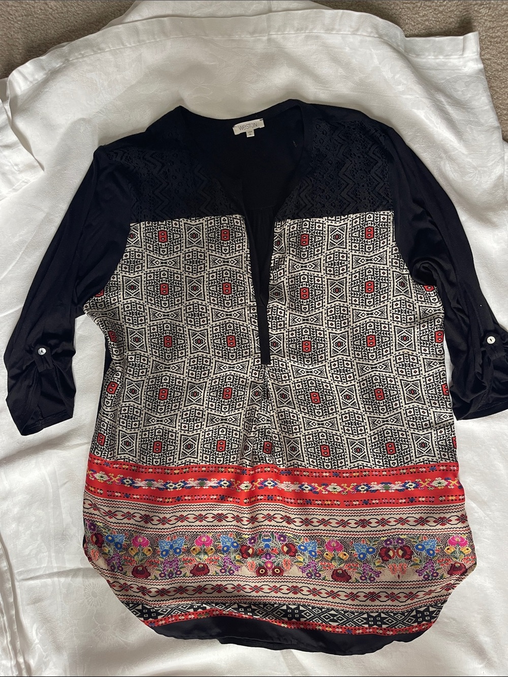 Black & Multi Print Split-Neck Women's Top